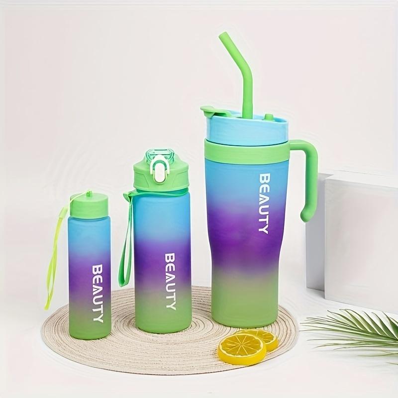 3ks Ledový pohár, Matná slámka s gradientním zbarvením, Plastový kelímek na vodu s dvojitým pitím, Velkokapacitní kelímek do auta s uchem