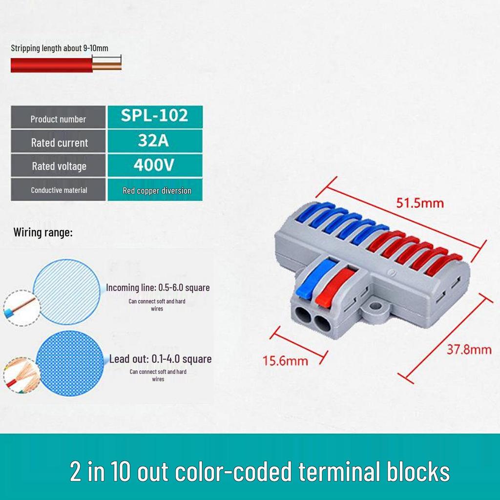SPL-Splitter: 2-in-10-out, 2-in-12-out Quick Wiring Terminal, Press-Type, Orange/Multicolor.