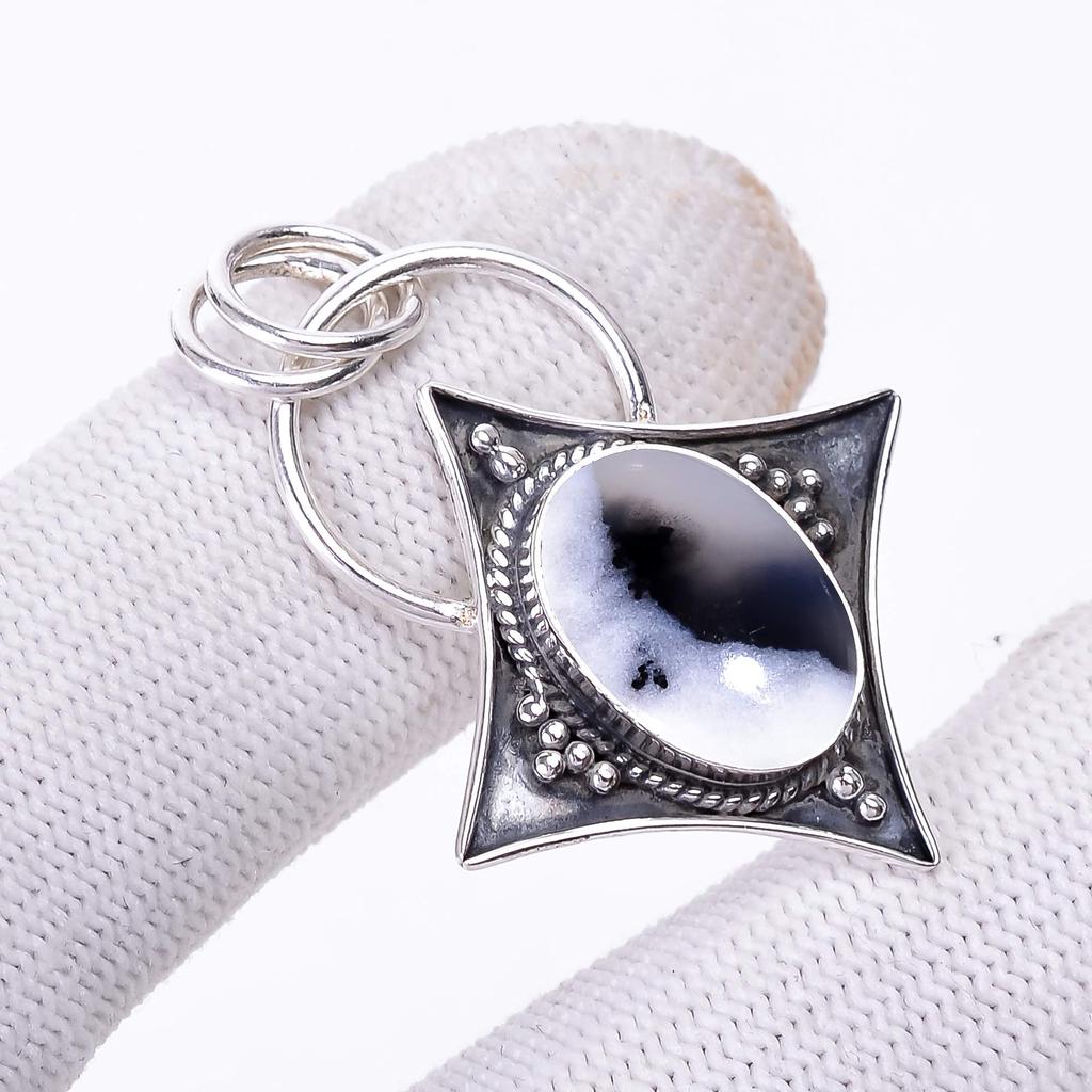 Merlinite Dendritic Opal -Brazil 925 Sterling Silver Pendant V3408, Black & White Pendant, Oval Pendant, Valentin's Day Gift, Gift For Her, Birthday G
