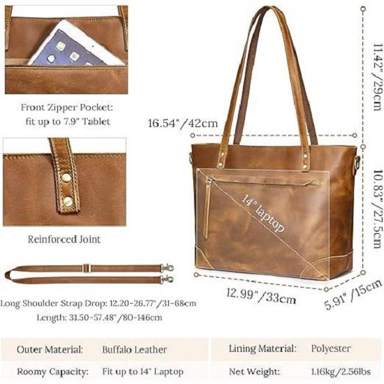 Genuine Leather Tote Bag for Women Work Shoulder Crossbody Purses Handbag with Outside Pockets