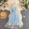 YuooMuoo Koreanische Mode Daisy Blume Drucken Mesh Party Kleid Sommer Zwei Schichten Spaghetti Strap Urlaub Midi Kleid Strand Vestidos