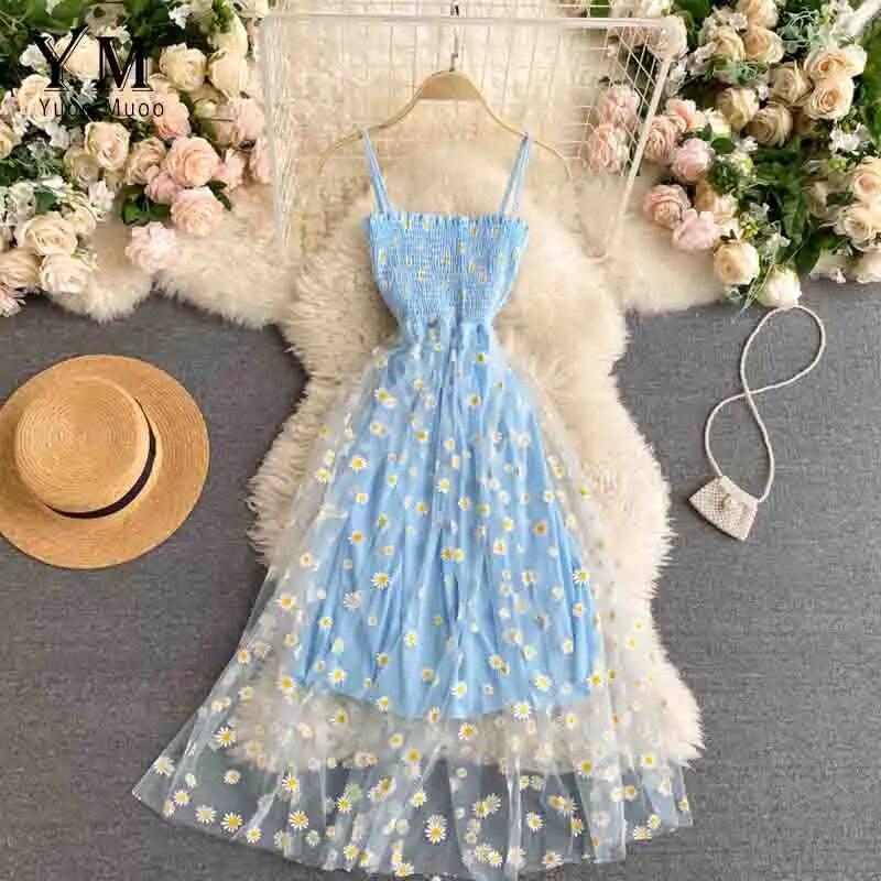 YuooMuoo Koreanische Mode Daisy Blume Drucken Mesh Party Kleid Sommer Zwei Schichten Spaghetti Strap Urlaub Midi Kleid Strand Vestidos