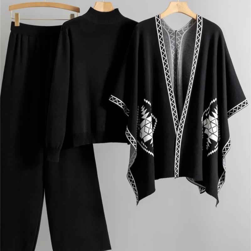 

Корейский дизайн Вязаные комплекты из 3 предметов Женский трикотаж Шикарная шаль Свитер Пуловер Топы Conjuntos С высокой талией Широкие брюки Наряд One size чёрный