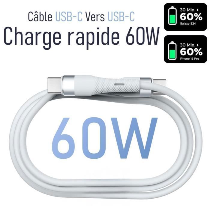 3 Câble USB-C vers USB-C Charge Rapide 60W pour Samsung Galaxy S25, S25 Plus, S25 Ultra, S24, S23, S22, S21 - 1 Mètre Blanc