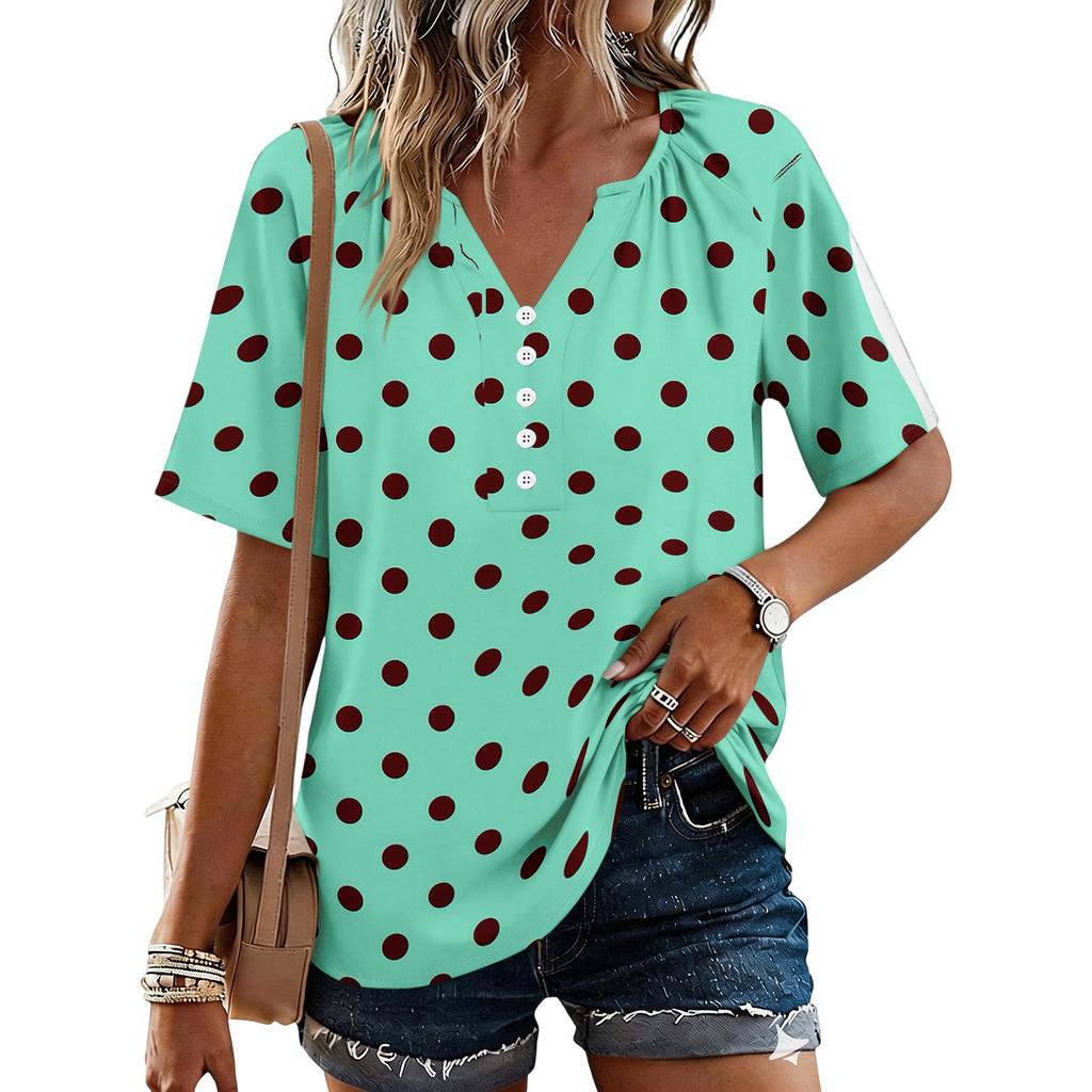 Women's Fashionable Casual Floral Print Button V-neck Short-sleeved Top