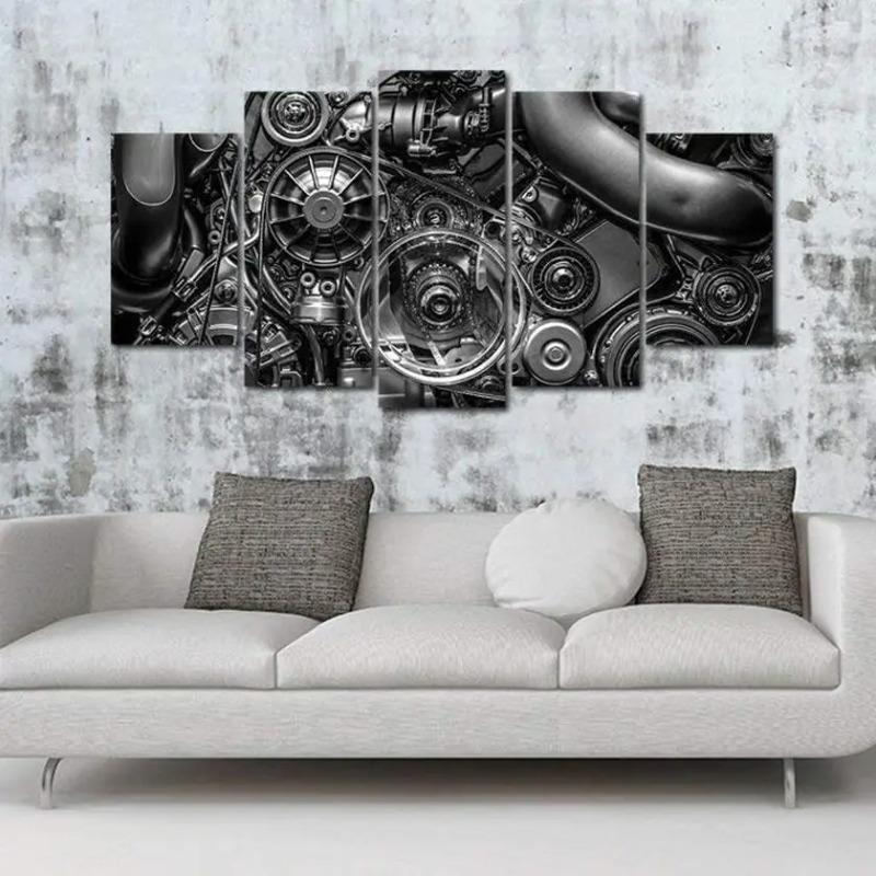 No Framed Canvas 5 Panel Engine Engineering Closeup Gear and Chain HD Decorative Wall Art Posters Pictures Home Decor Paintings