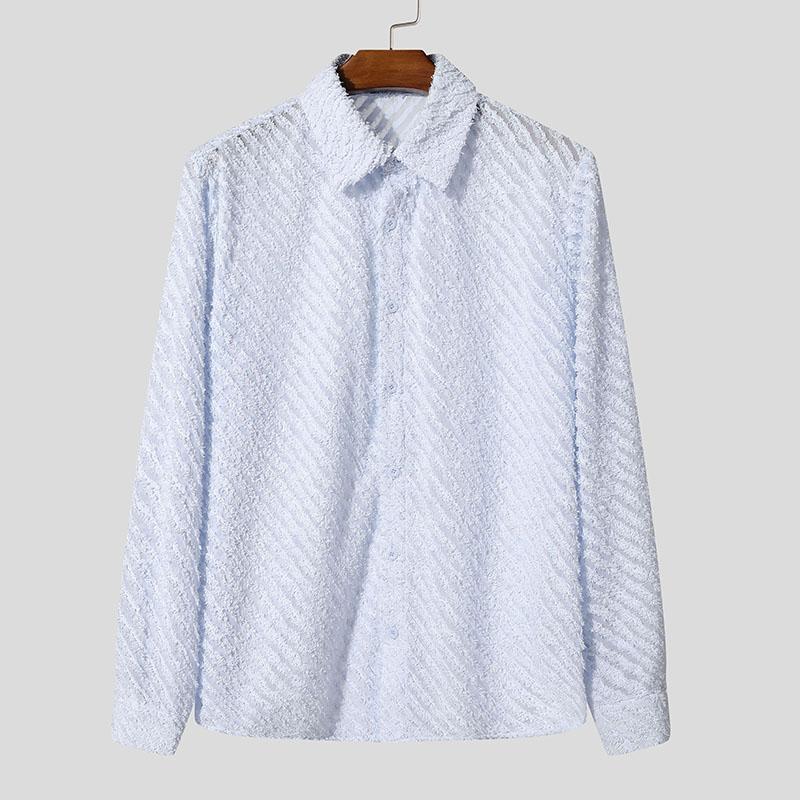 

INCERUN Men Lapel Neck Long Sleeve Fluffy Semi-Sheer Buttons Casual Shirts XL синий