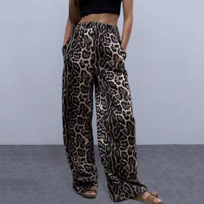 Yousheng Women Long Pants Elastic High Waist Wide Leg Trousers with Pockets Leopard Print High Street Style Casual Pants