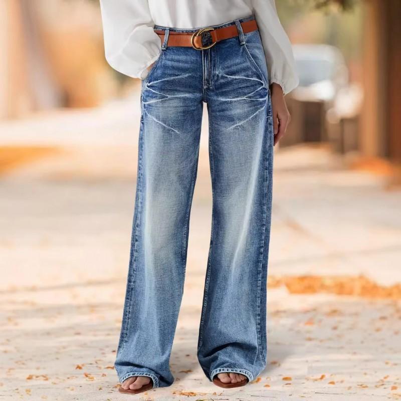Womens High-Waisted Wide-Leg Denim Pants 2026 Vintage Washed Distressed Loose Straight Tapered Floor-Length Jeans