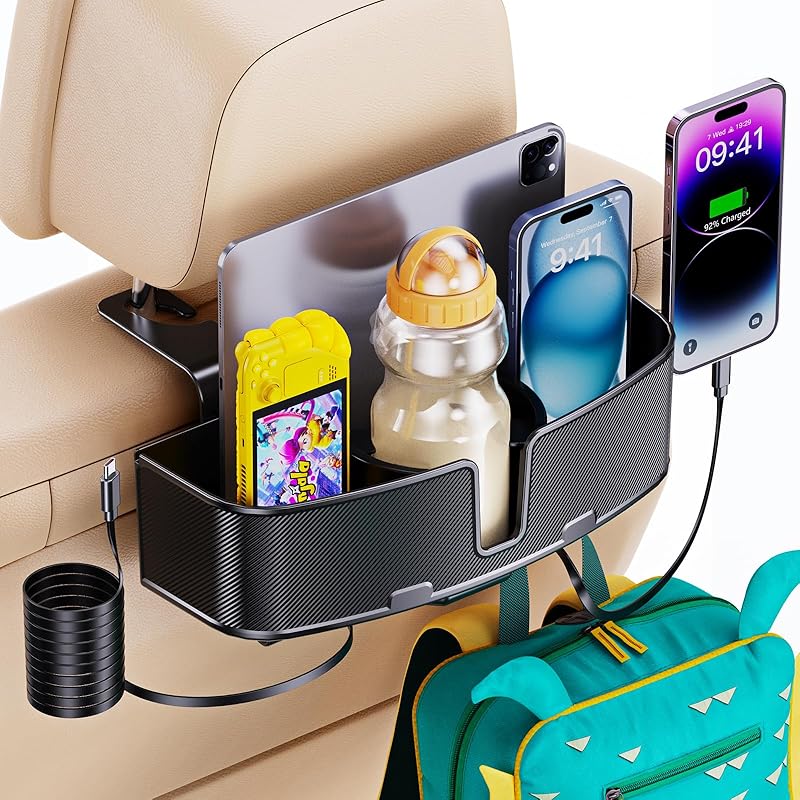 Car Headrest Cup Holder for Back Seat Organizer for Type-c/Lightning Retractable Charging Cables Multi- Hanging Snack Storage Box with Strong Hooks