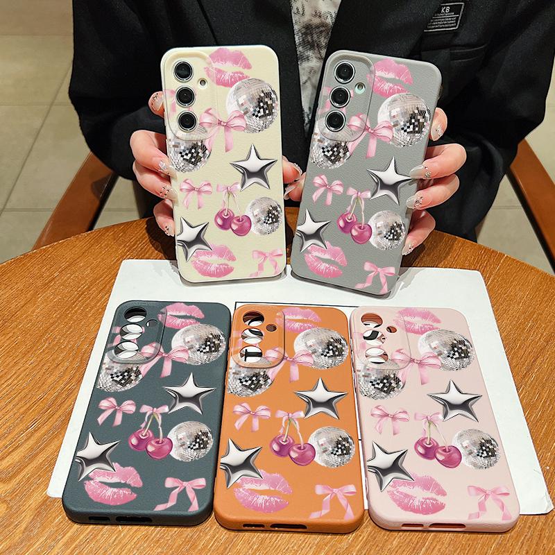 Leather Texture TPU Phone Case For Samsung Galaxy S26 S25 S24 S23 Ultra S24 S25 FE S22 Plus Cherry Bowknot Pattern Back Cover