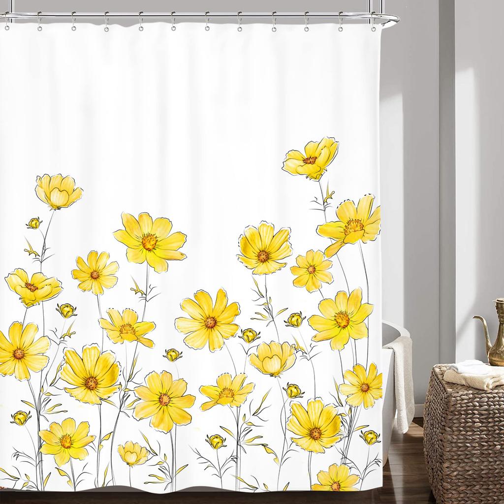 Floral Daisy Shower Curtain For Bathroom Bathtub Waterproof Plant Aesthetic Bathroom Curtain With Hooks Botanical Bath Curtain