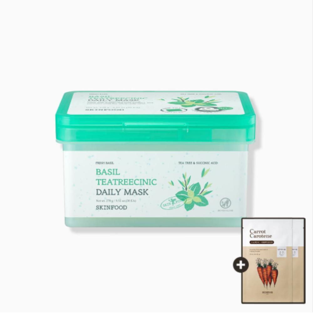 

Skinfood Basil Tea Tree Cooling Soothing Daily Mask 30pcs 270g [Includes 2 Bonus Carrot Masks]