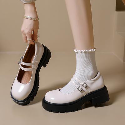 Plateau Mary Jane Schuhe Damen Neu Runde Spitze Flacher Ausschnitt Britischer Stil Blockabsatz Kleine Lederschuhe