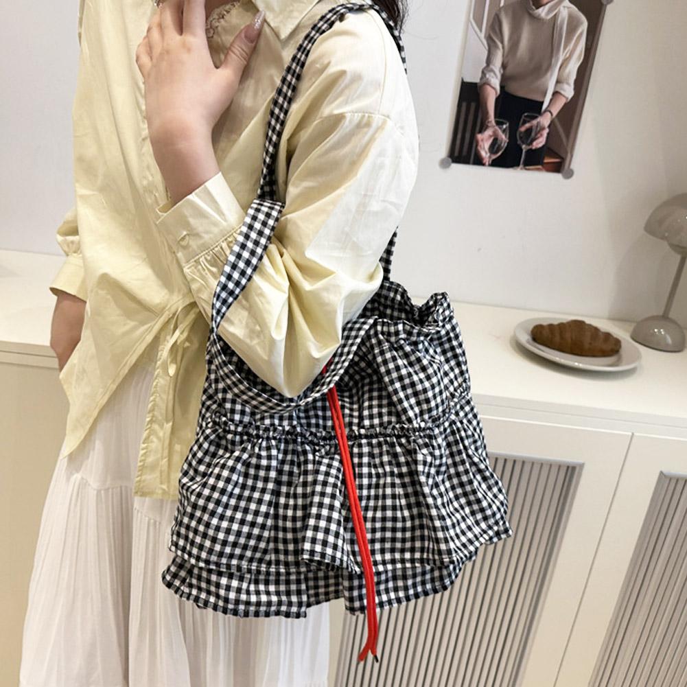 Large Capacity Shoulder Bag Fashion Ruffles Design Casual Lotus Leaf Plaid Shoulder Bag  Simple Commute Shopping Bag