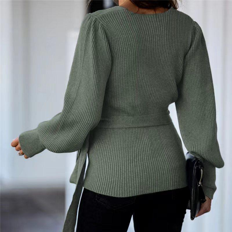 IHUASU Autumn and Winter Tie Temperament Commuter V-neck Jumper Women's Loose Large Size Fashion Knitted Cardigan