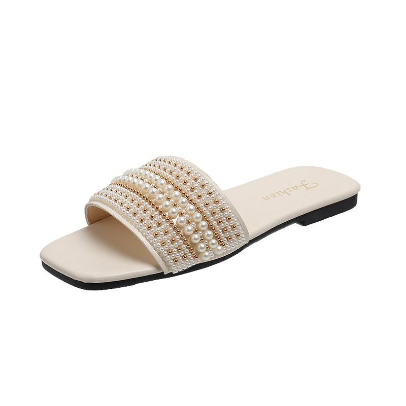 Women's Fashion Flat Sandals Artificial Pearl Rhinestone Slippers
