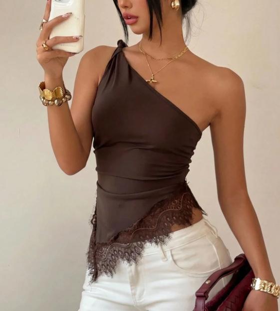 European and American Summer New Metal Buckle Slanted Shoulder Lace Splicing Irregular Hem Vest