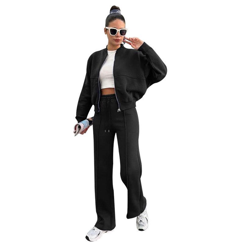 Autumn/Winter Women's Fleece-Lined Zipper Cardigan & Solid Color Straight-Leg Pants Set