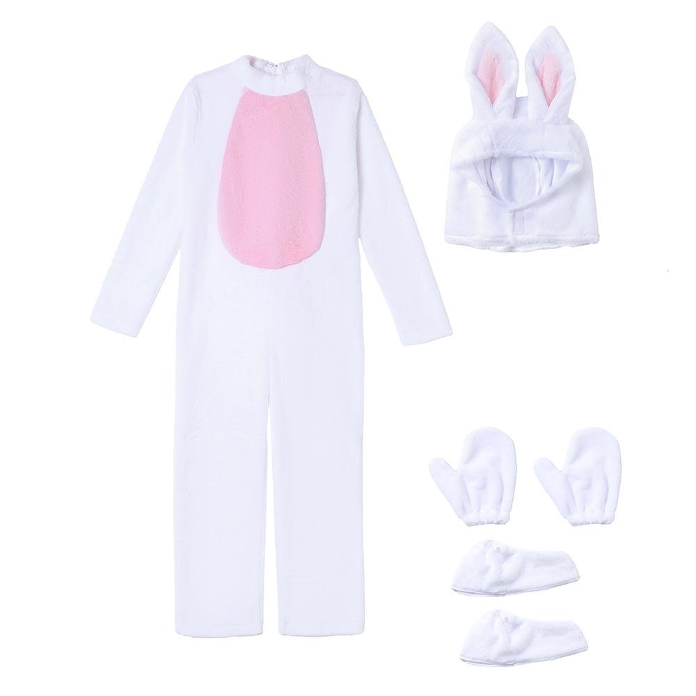 Kids Boys Girls Velvet Rabbit Animal Hooded Jumpsuit Halloween Cosplay Costumes School Stage Drama Show Performance Role Play Outfits