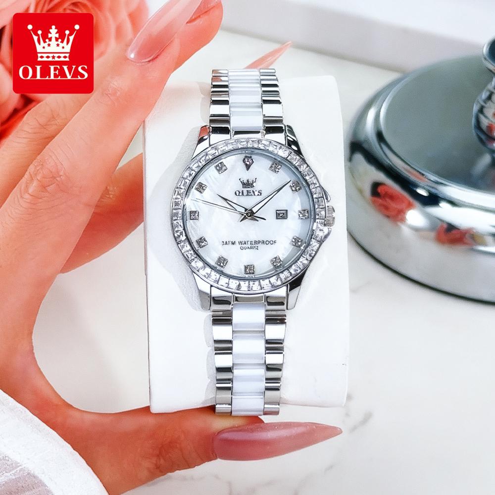 OLEVS Elegant Fashion Women's Watches Stainless Steel Ceramic Strap Original Brand Quartz Wristwatch for Lady Waterproof Date