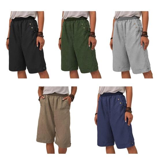 Women Summer Shorts Elastic Waist Mid-rise Casual Sporty Style Shorts with Pockets Solid Color Straight Wide Leg Shorts