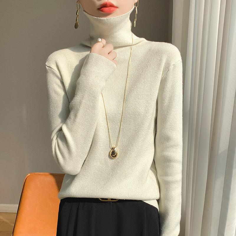 GMXIA Bright Silk Long Sleeve Knitted Bottom Shirt Women's High Neck Pullover Sweater Fashion Versatile Shorts Top Shirt