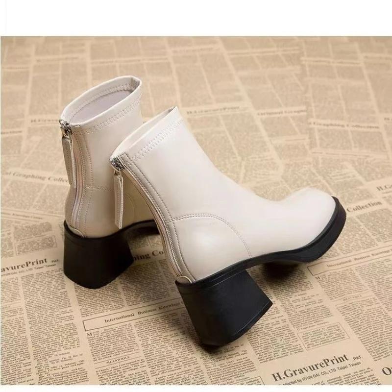 Madingi juodi moteriški ankle boots Madingi užtrauktukai gale Žemas kvadratinis kulnas Moteriški batai Neslystantis storas padas Laisvalaikio kasdienio nešiojimo batai