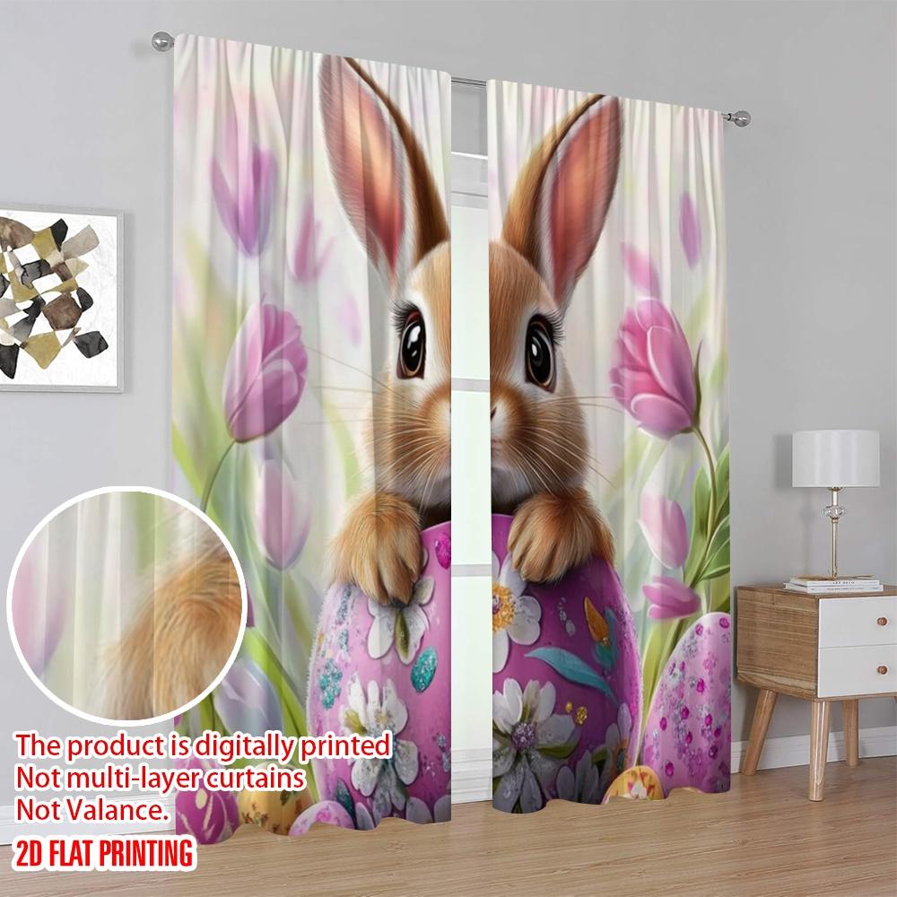 2pcs,2D Plane Printing Contemporary Curtains Spring Bunny Bliss Polyester (without Rod) Home Decor for Bedroom, Living Room,