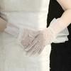 Women Elegant Pleated Edge Pearl Wedding Gloves Bridal Short Tulle Sheer Gloves Proms Costume Occasion Gloves