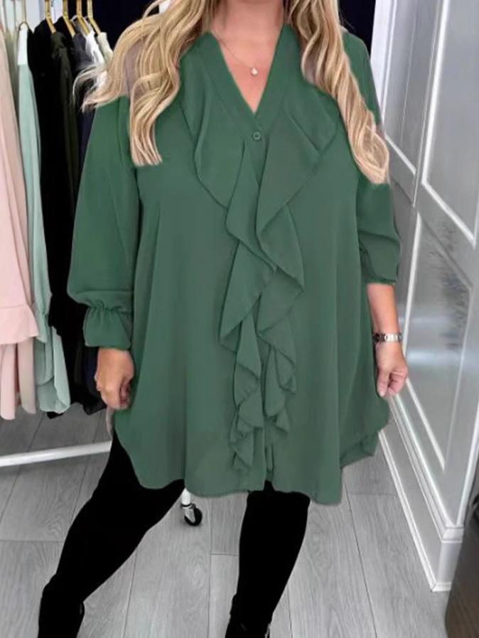 2025 Spring/Summer Women's Solid Color Loose Ruffle V-Neck Long Sleeve Shirt