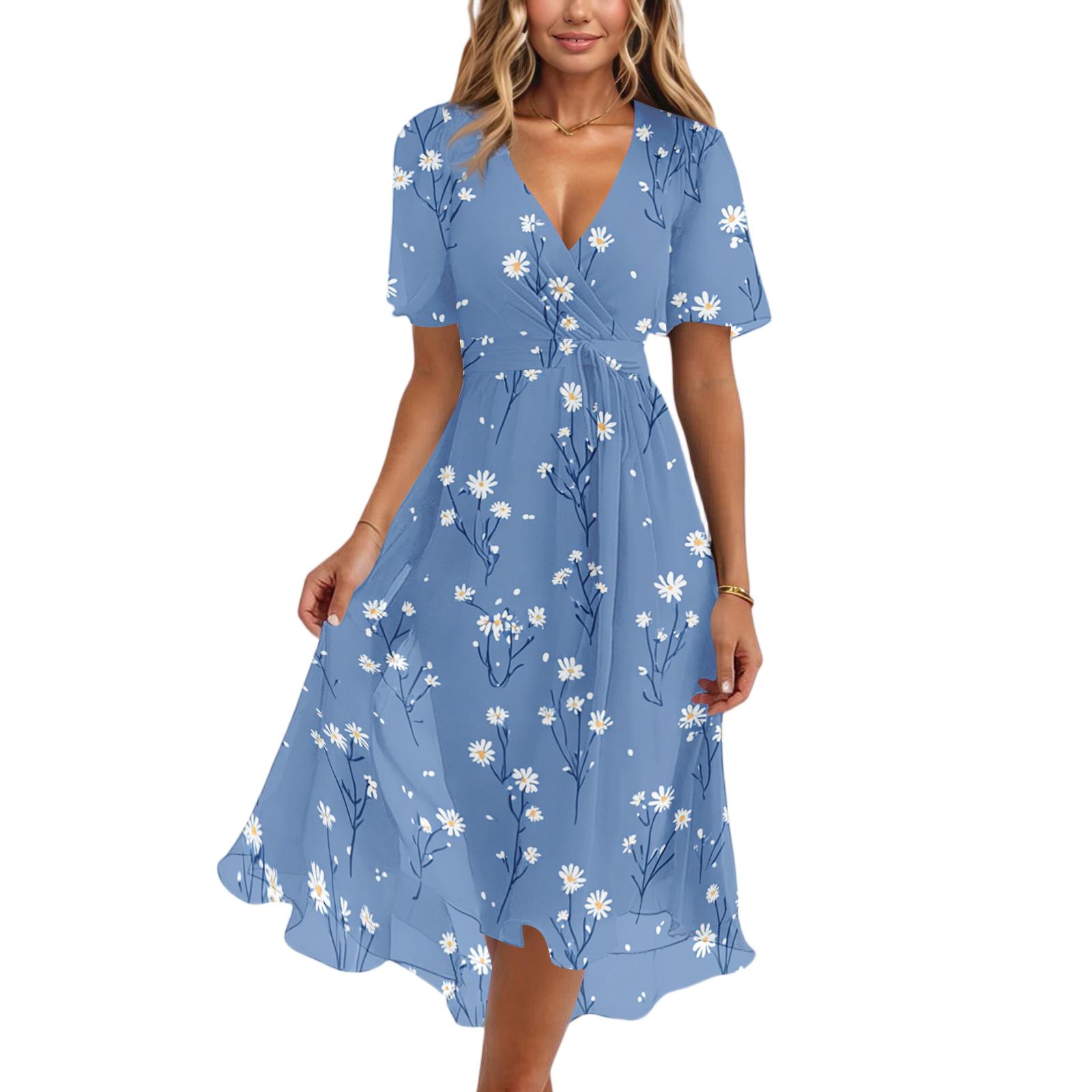 Women s fashion casual V-neck short sleeve printed dress S синий