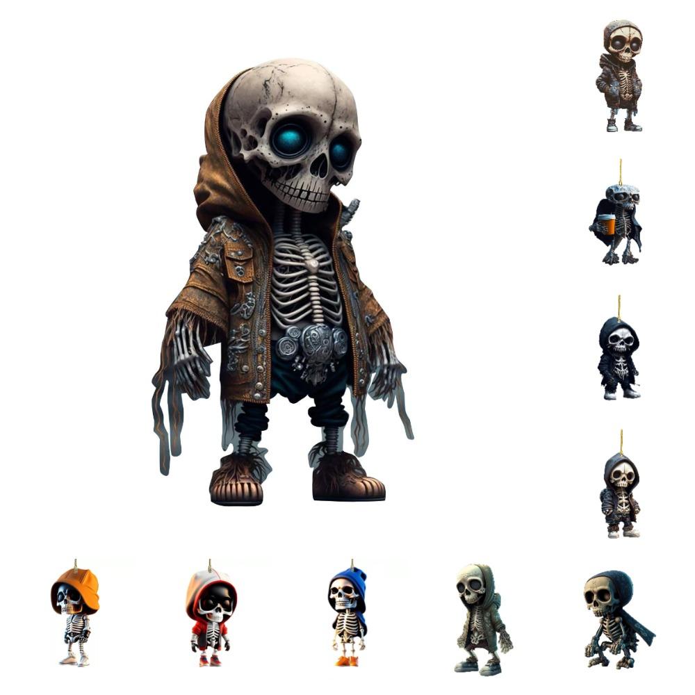 Creative Skeleton Car Mirror Dangle Spooky Halloween Skeleton Statue Acrylic Swing Pendant