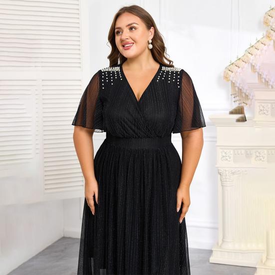 Plus Size Women Dress V-Neck Short Sleeve Elastic High Waist Flowy Hem