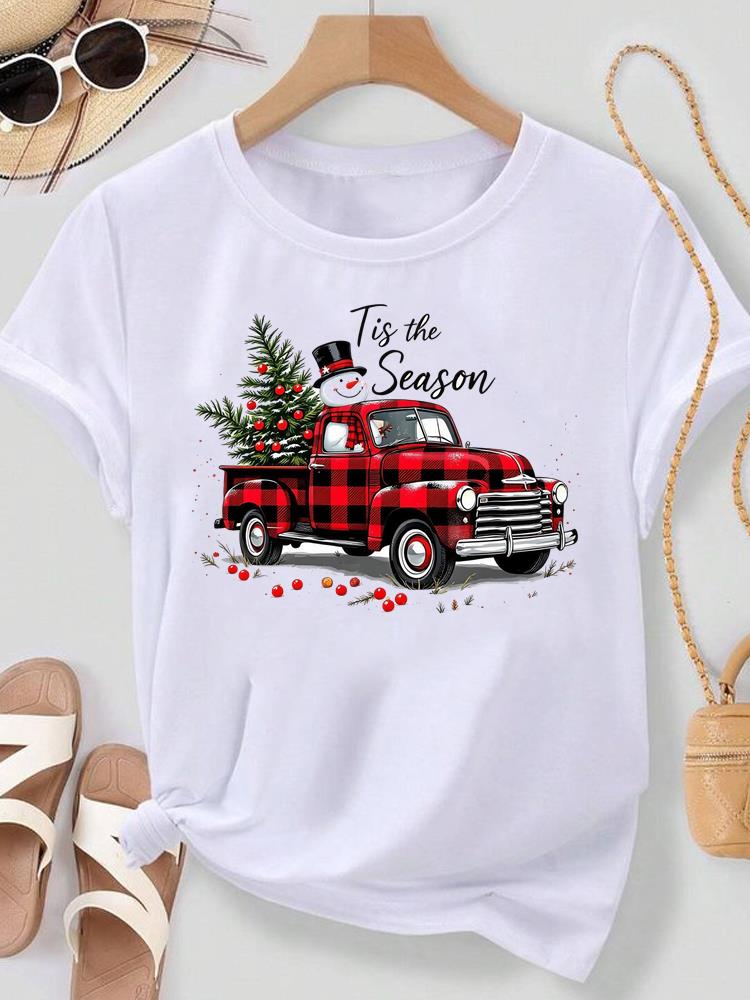 (Asian Size) Merry Christmas New Year Women's Top T Tee Festival O-neck Plaid Tree Style Clothing Print Fashion Ladies Graphic T-shirts