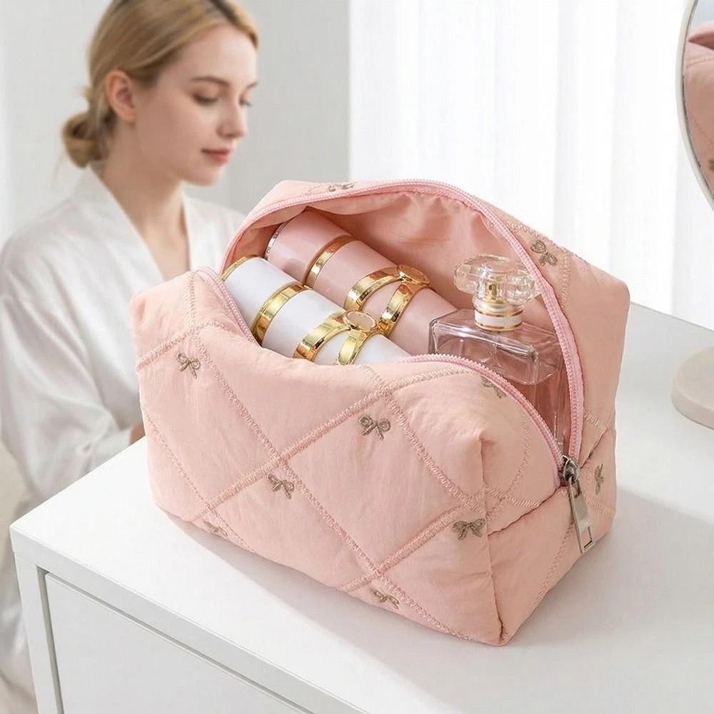 Multifunctional Bow Quilted Makeup Bag Large Capacity Women Wash Pack  Beauty Routine
