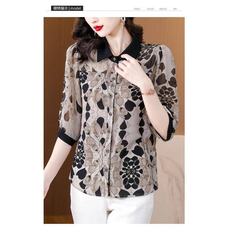 Three-quarter Sleeve Printed Chiffon Shirt for Women Summer New Style Mid-sleeve Shirt for Women with Age-reducing Style and Style
