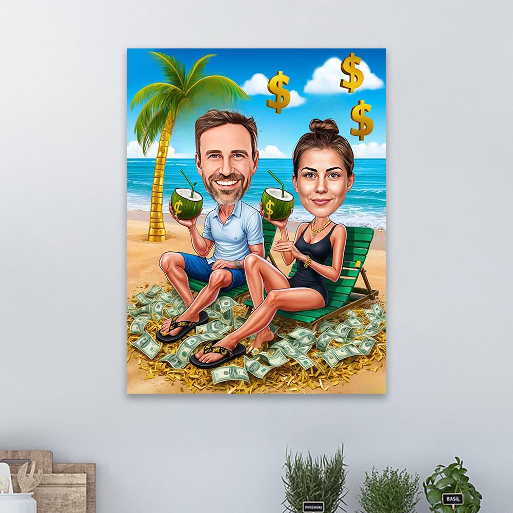 Funny Couple Cartoon Portrait Poster Money CEO Caricature Prints Big Boss Personalized Gift Businessman Office Wall Art Canvas