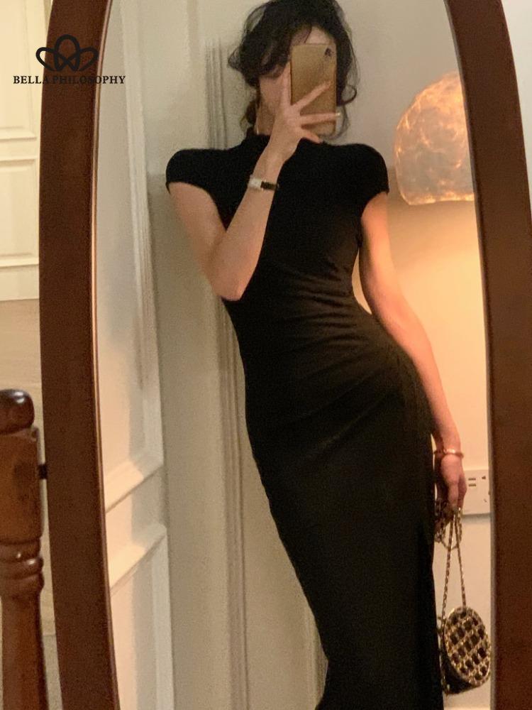 

Платье с воротником-стойкой, женское весеннее новое плиссированное вечернее платье с разрезом, женское элегантное повседневное пляжное платье L чёрный