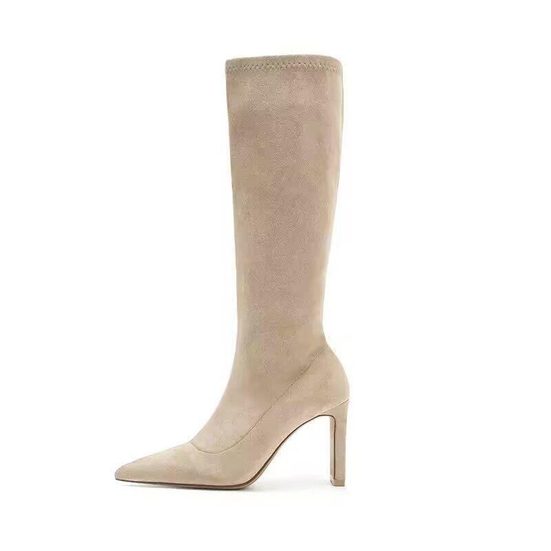 High Heel Boots 2025 Winter Skinny Boots High Elastic Boots Pointed Thick Heel Knight Boots 35