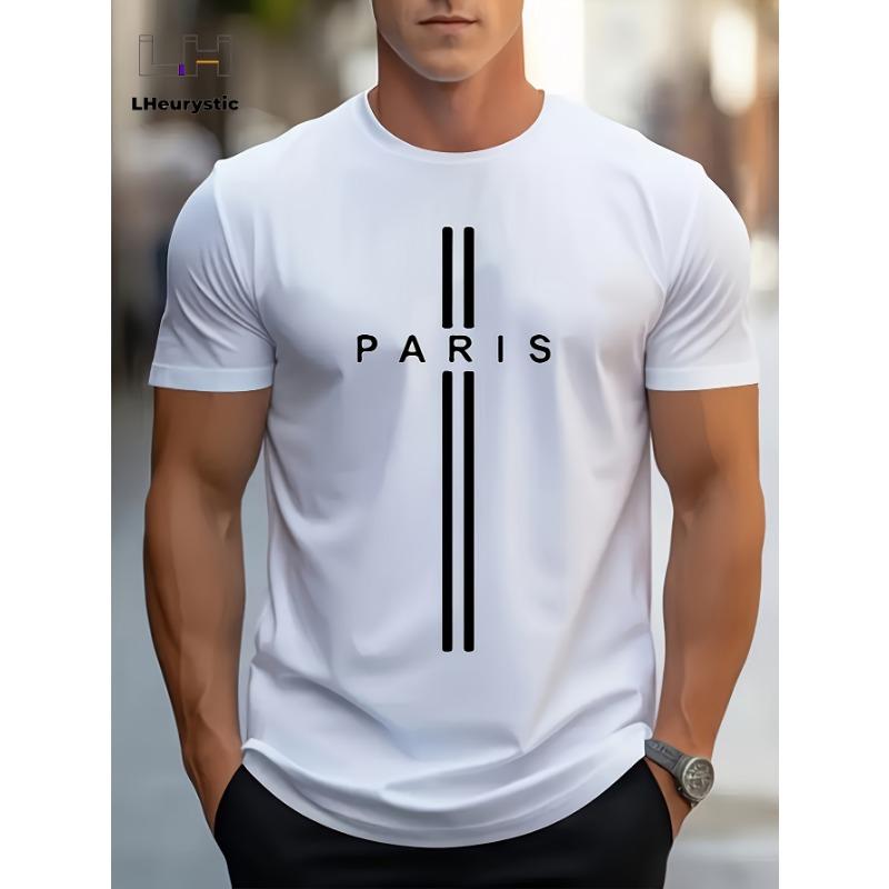 Men's Summer Loose Size PARIS Letter Graphic Printed Slim Fit Casual Sports Round Neck Short Sleeved T-shirt Top