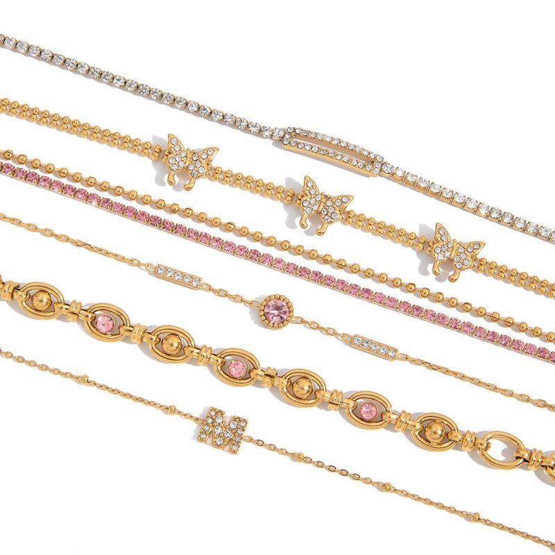 and American Style Versatile Stackable Bracelets for Women, Light Luxury Niche Exquisite 18K Gold-Plated Pink Zircon Titanium Steel Non-Fading Jewelry