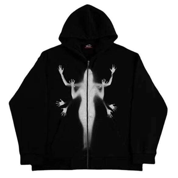 Street Hip Hop Goth Harajuku Y2k Black Zip Hoodie Women, Rock Harajuku Jacket Sweater Women