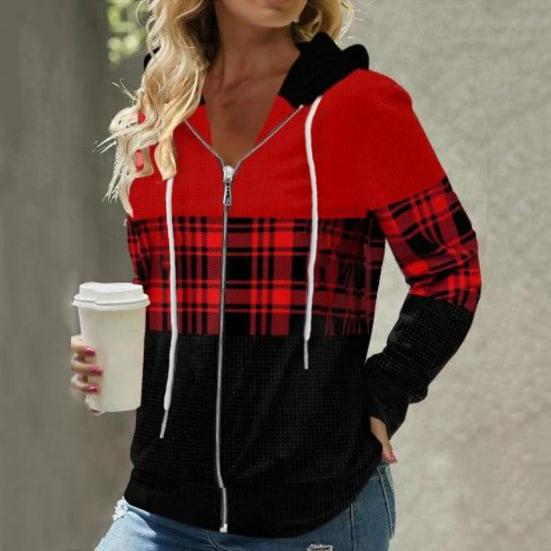 Осенние женские толстовки Модная клетчатая куртка-кардиган на молнии Обычная посадка Длинные рукава Повседневное пальто с капюшоном Весна Осень 3XL