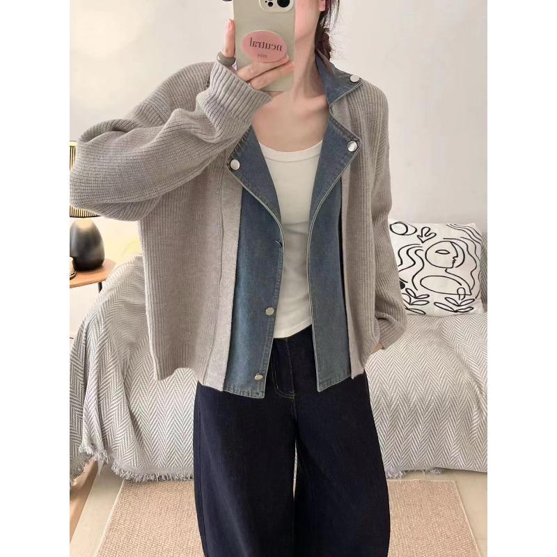 Denim Splicing Design Sense Knitted Cardigan Autumn and Winter New Loose Sweater Jacket Women