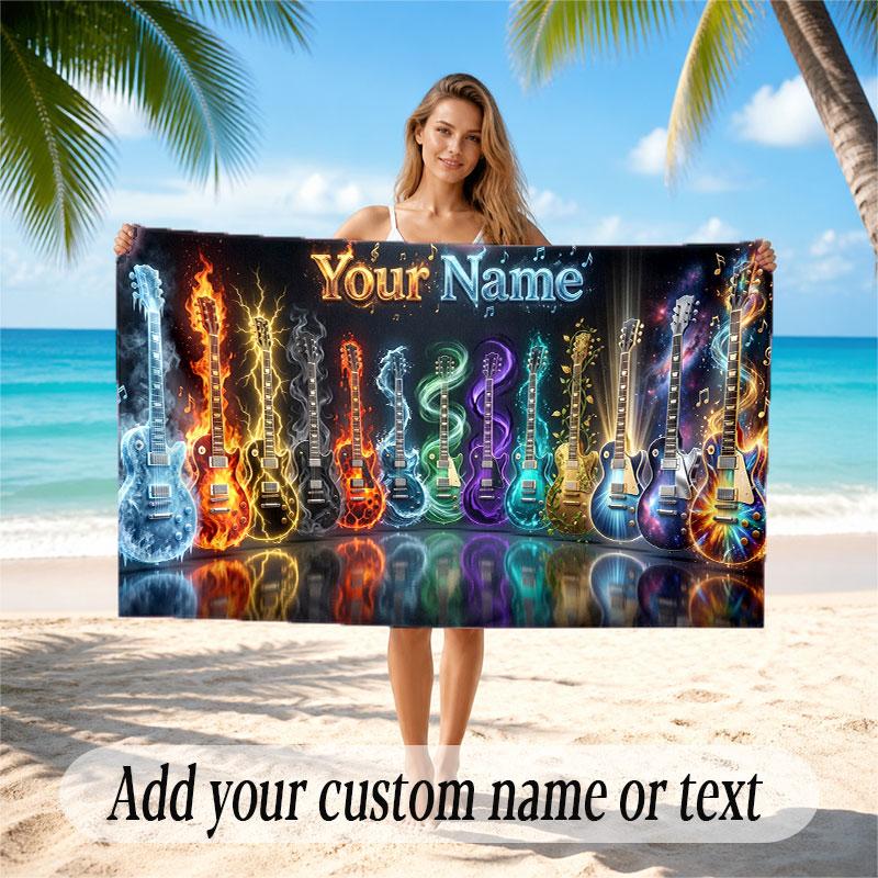 Music Guitar Theme Beach Towel Personalized Custom Name & Text Soft Quick Dry Beach Towel for Swimming Travel
