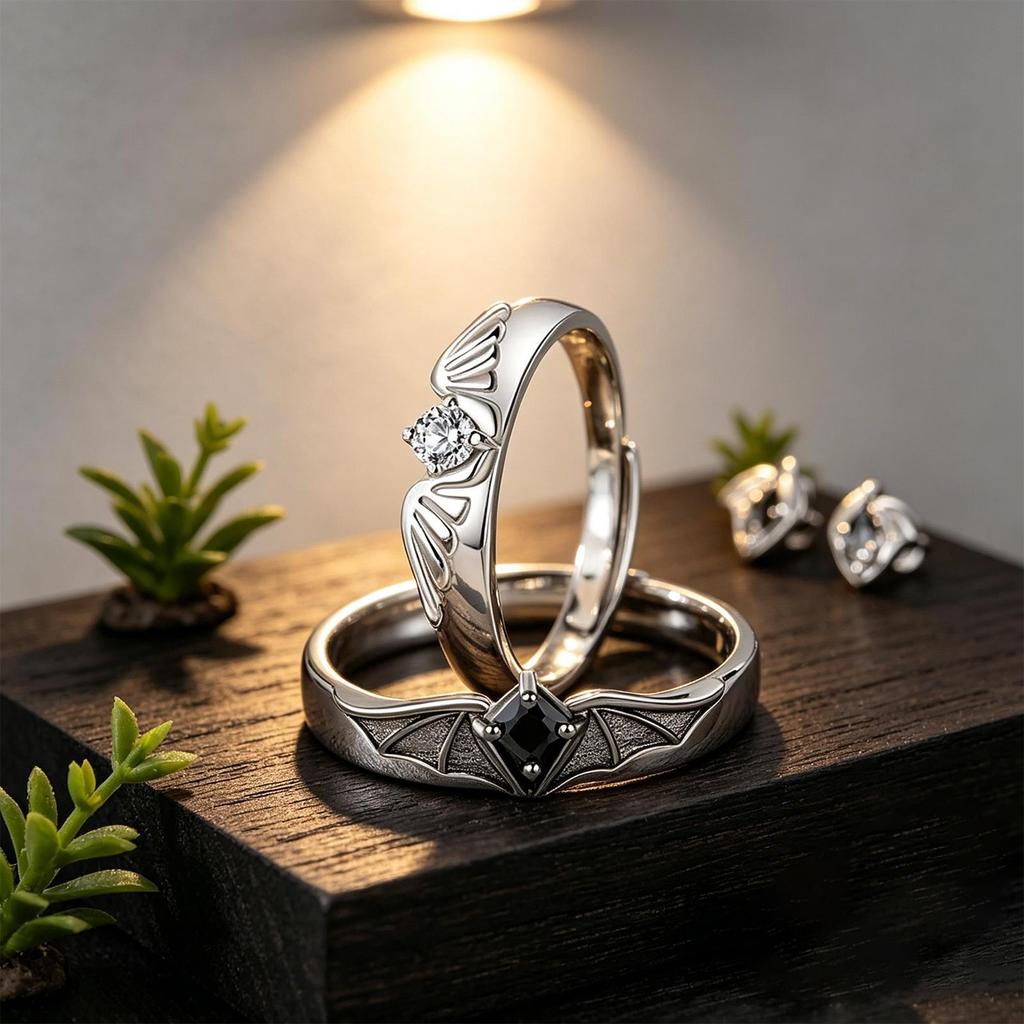 Black White Promise Rings Matching Engagement Wedding Bands Stainless Steel Adjustable Jewelry for Her Him, Valentine's Birthday