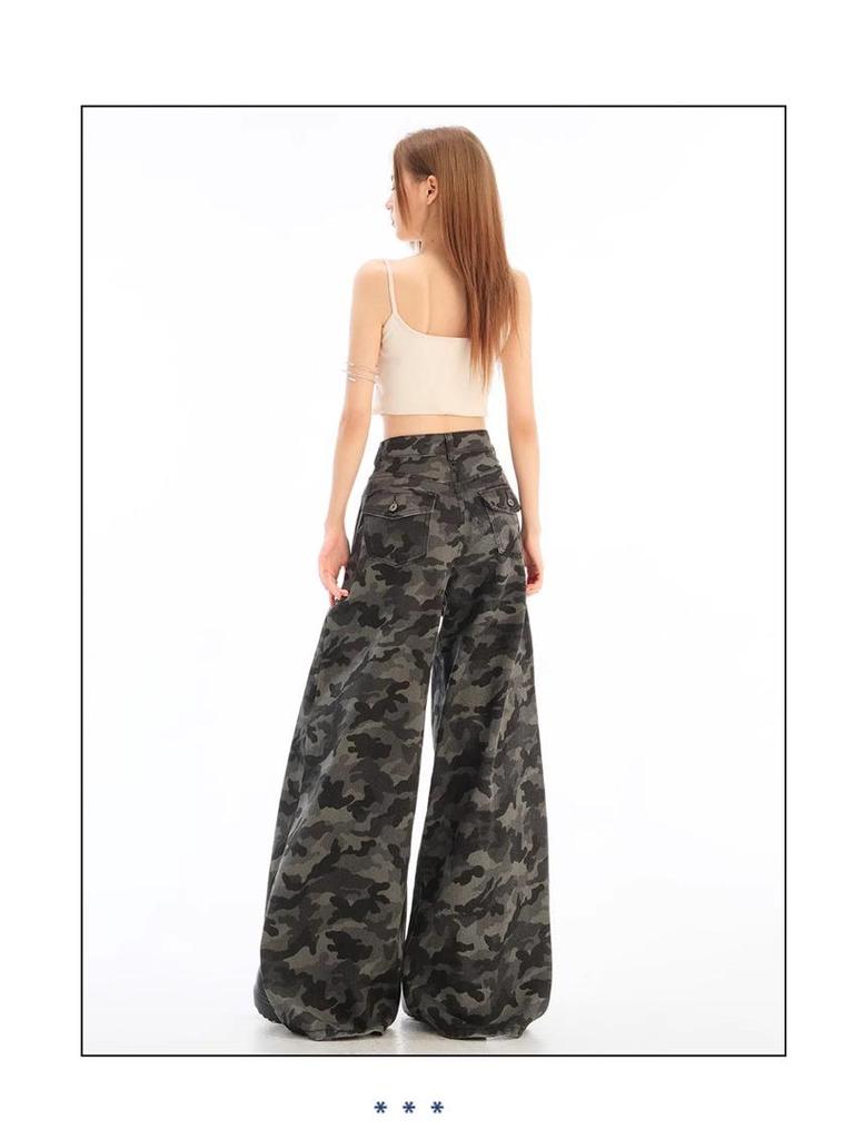 Q2523 Neutral Camo Wide-Leg Women's Jeans - Spring/Autumn New Arrival, Loose Fit, Floor-Length.