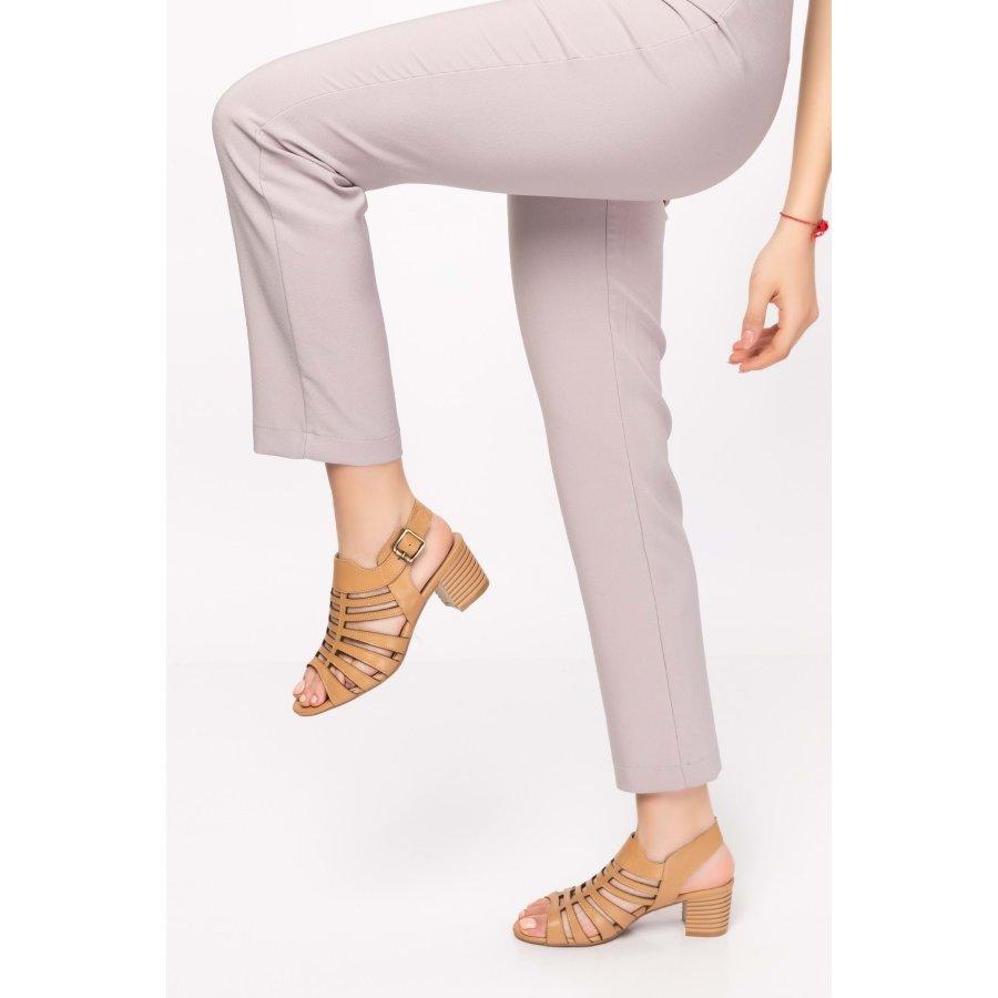 Sandales modèle cage à talons mi-hauts en cuir véritable pour femmes