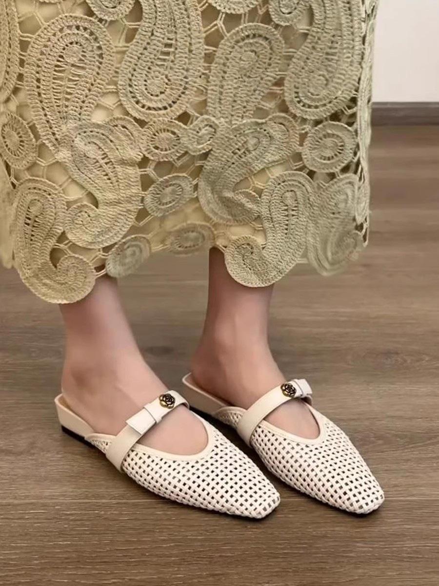 

Woven breathable hollow bag head half slippers women s summer new French thick heel versatile sandals 40
